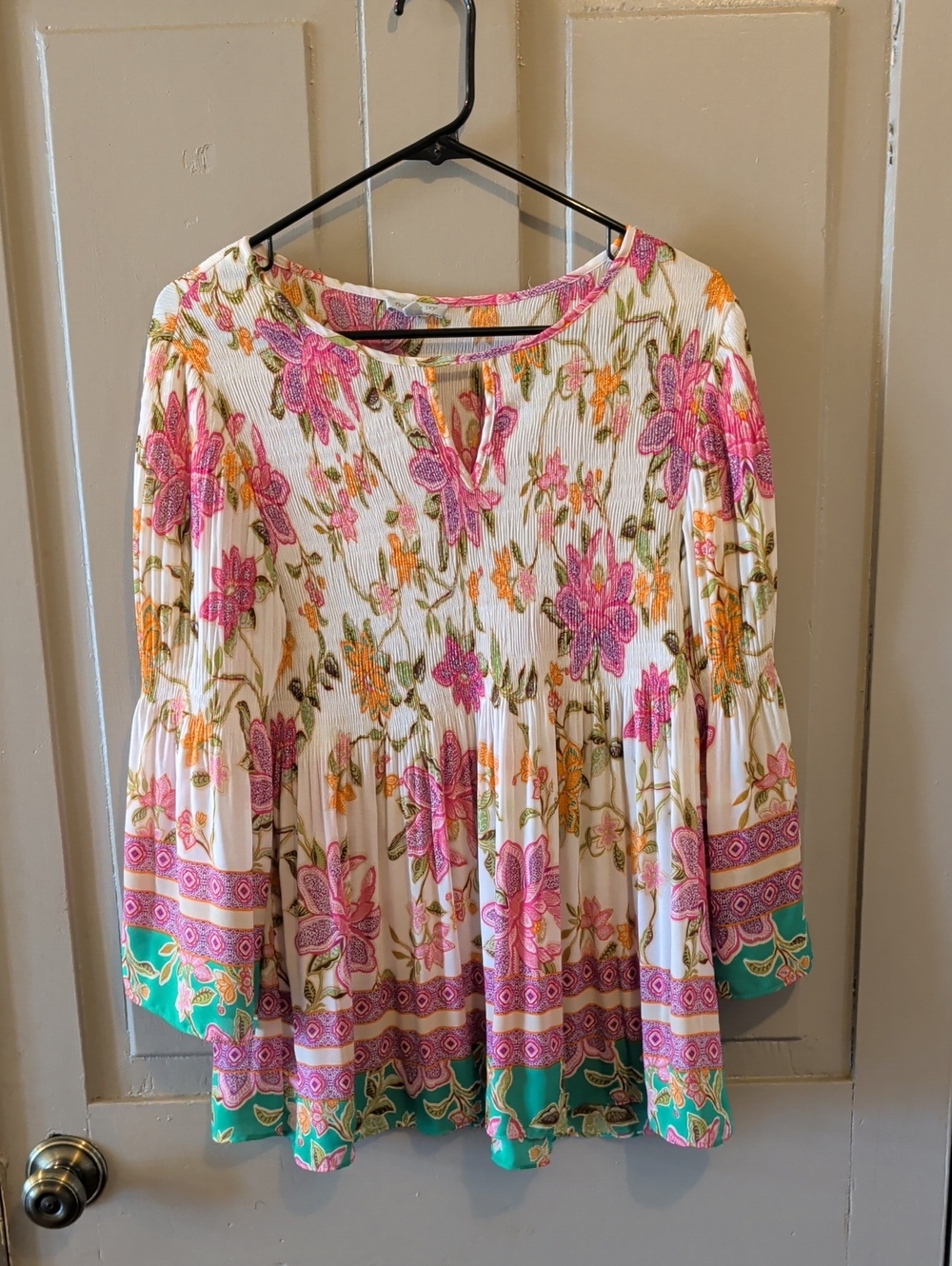 Boho Floral Tiered Tunic Top in White with Pink and Green